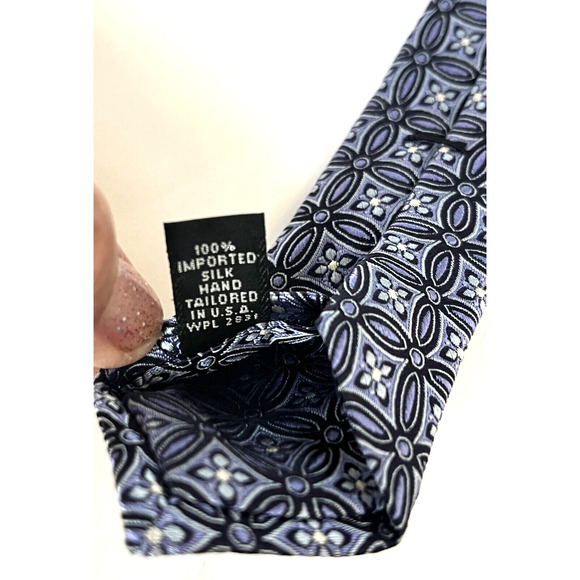 IKE Behar New York Silk Tie Blue Silver Geometric Jacquard Textured Dapper USA - Picture 5 of 6